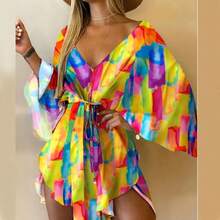 Vestido estampado para mujer, Sexy, con cuello en V, manga murciélago, volantes, estampado de flores, vestido veraniego bohemio para playa, Mini vestidos sueltos para vacaciones de verano - Amarillo - Ver 4