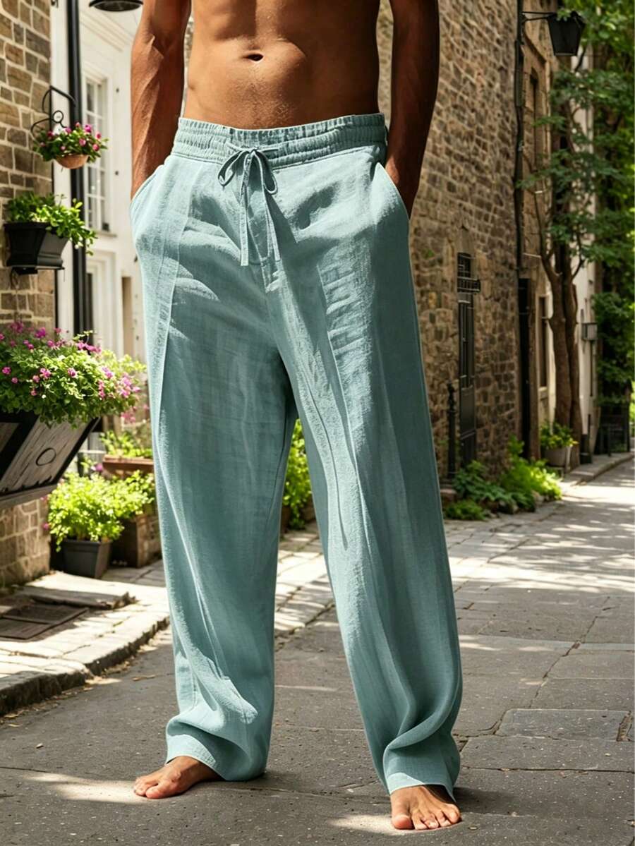 Men's Linen Woven Spring/Autumn/Summer Loose Thin Casual Pocket Long Pants, Suitable For Beach Vacation And Daily Commute
