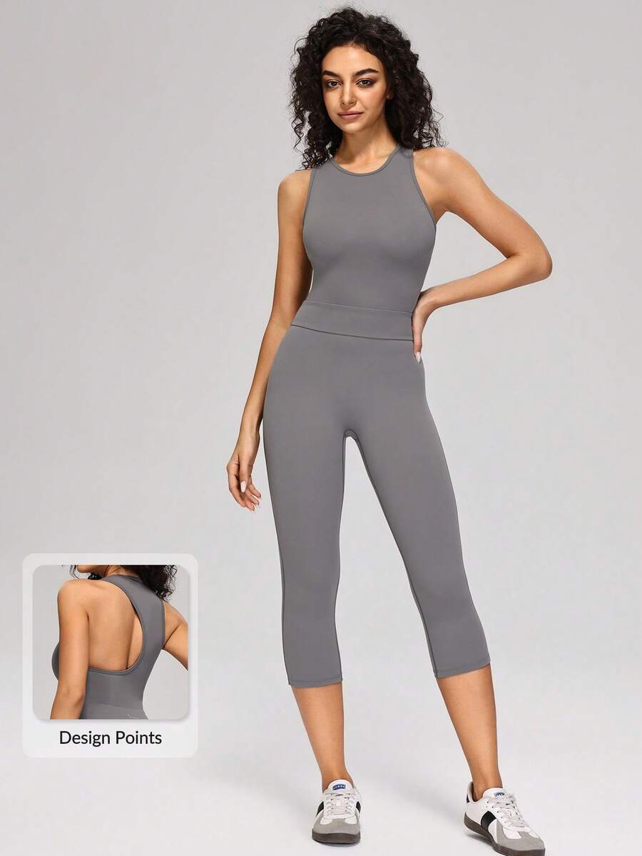 MASKERT Mono de yoga para mujer, mono de entrenamiento de fitness, mono de pilates, mono de danza, mono deportivo casual, mono deportivo sin espalda, mono deportivo de talle alto de tres puntos, mono deportivo sin mangas, mono deportivo para uso diario - Gris Oscuro - Ver 1
