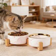 陶瓷猫狗碗，竹底，坚固耐用，防溢防呛，宠物食品水碗套装，易于清洁，适用于猫、狗、幼犬，耐用陶瓷宠物碗，带防滑竹底 - 395ml - 查看 11