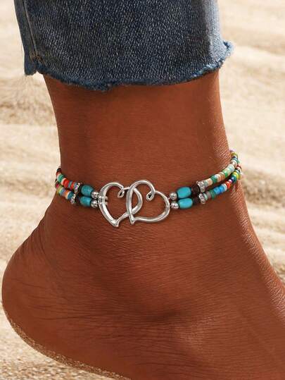 1pc Bohemian Multi-Layer Beaded Hollow Double Heart Charm Anklet Bracelet, Summer Beach Holiday Foot Jewelry Gift