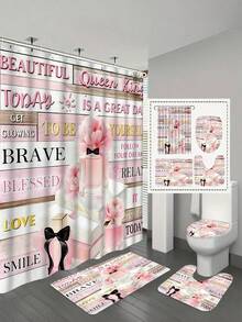 1/4pcs Pink Floral Pattern Bathroom Decor Set, Including Bathroom Curtain, Shower Curtain With Inspirational Quotes, Rug And Accessories, Girly Fragrance Bathroom Set - A - View 10