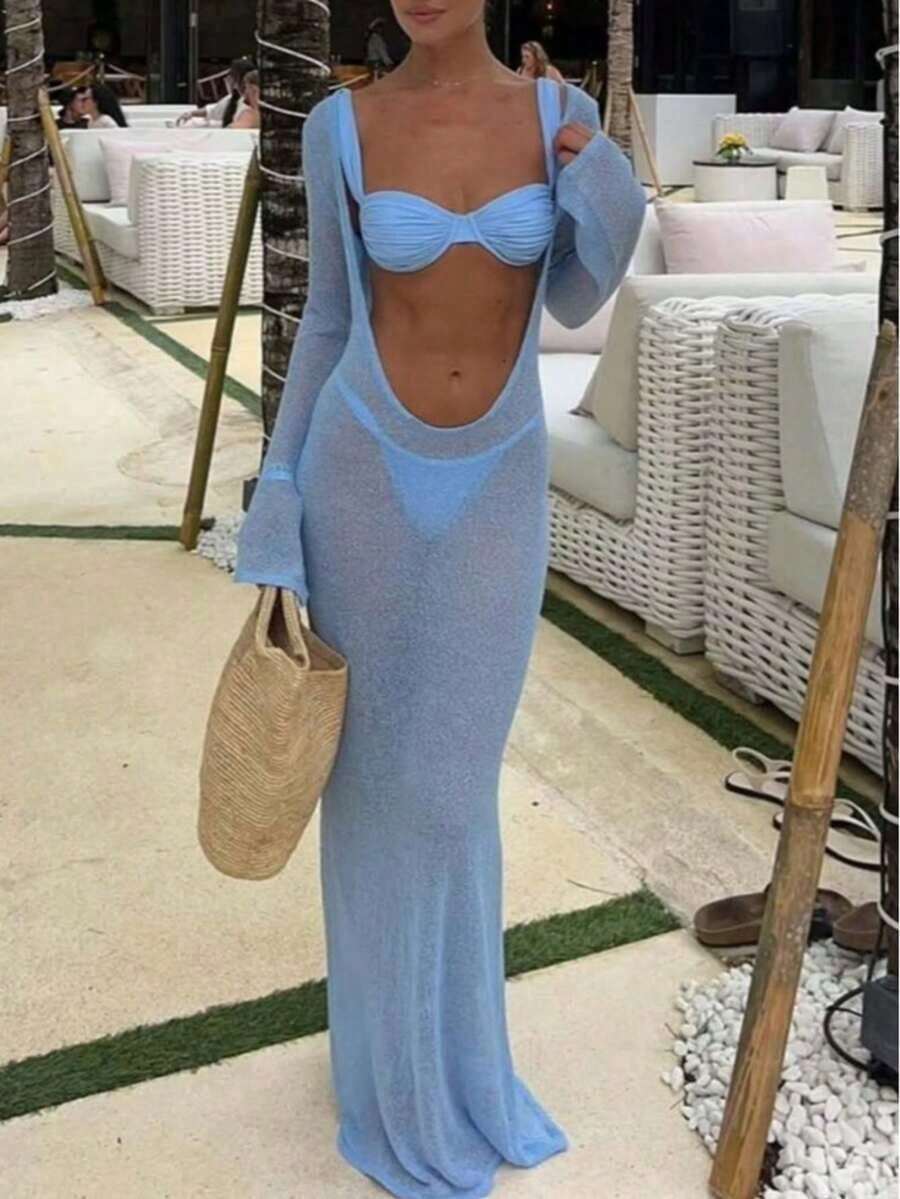 Nuevo vestido de primavera/verano para mujer: Vestido de punto largo con escote en V profundo, cintura ajustada y diseño calado, apropiado para la playa, el mar y las vacaciones de natación - Hailan - Ver 1