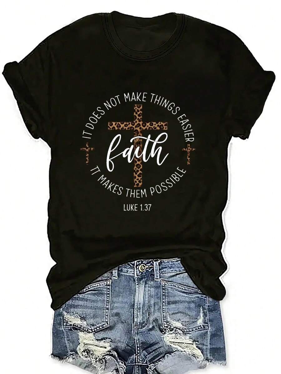 Faith, Leopard Print Cross 100 S Casual Short Sleeve Top, Comfortable Fit, Sisters Dress, Necessary For Outdoor Travel, Women's Tshirt, Spring And Summer Tshirt - 黑色 - 查看 1