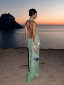 Elegant Sparkly Backless Dress For Women, Romantic Party, Wedding, Graduation, Formal Occasion Spring - Mint Green - View 2