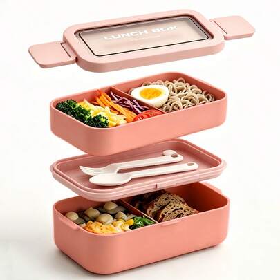 1 hộp cơm trưa hai lớp di động có ngăn đựng dụng cụ và nhiều ngăn nhỏ, hộp bento dung tích lớn có thể xếp chồng lên nhau dành cho người lớn, thích hợp cho hoạt động ngoài trời, công sở, dã ngoại, trường học, màu hồng.