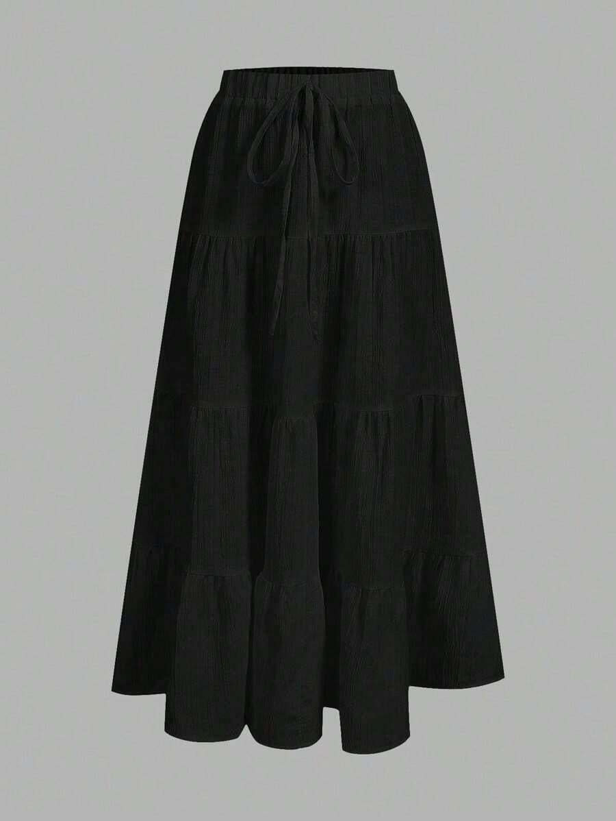 Casual Summer Skirt With Multi-Layered Ruffles At The Hem, Suitable For Holidays - Black - View 1