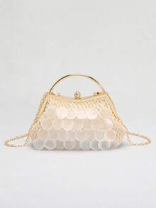 1pc Beige Natural Seashell Bead Slice Decor Tassel Clutch Bag, Handmade Boho Mermaid Shell Slice Lattice Fishnet Tote Bag, Suitable For Daily, Wedding, Party And Travel/Vacation Occasions (Normal Cracks And Defects On Seashell Slices Are Acceptable) - Beige - View 8