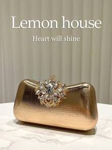 1pc Elegant Gold Reflective PU Plaid Evening Bag, Rhinestone Clasp, Fashion Clutch Purse, Suitable For Formal Dinner, Party, Wedding, Ideal Gift For Women - Gold - View 5