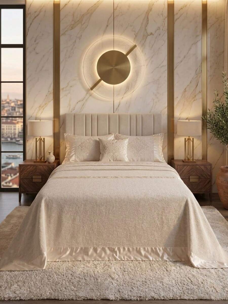 Esta colcha de unicolor, diseñada en un tamaño king grande, cubre completamente tu cama mientras ofrece comodidad y elegancia con su textura perfecta y una sensación ultra suave. - Beis - Ver 1