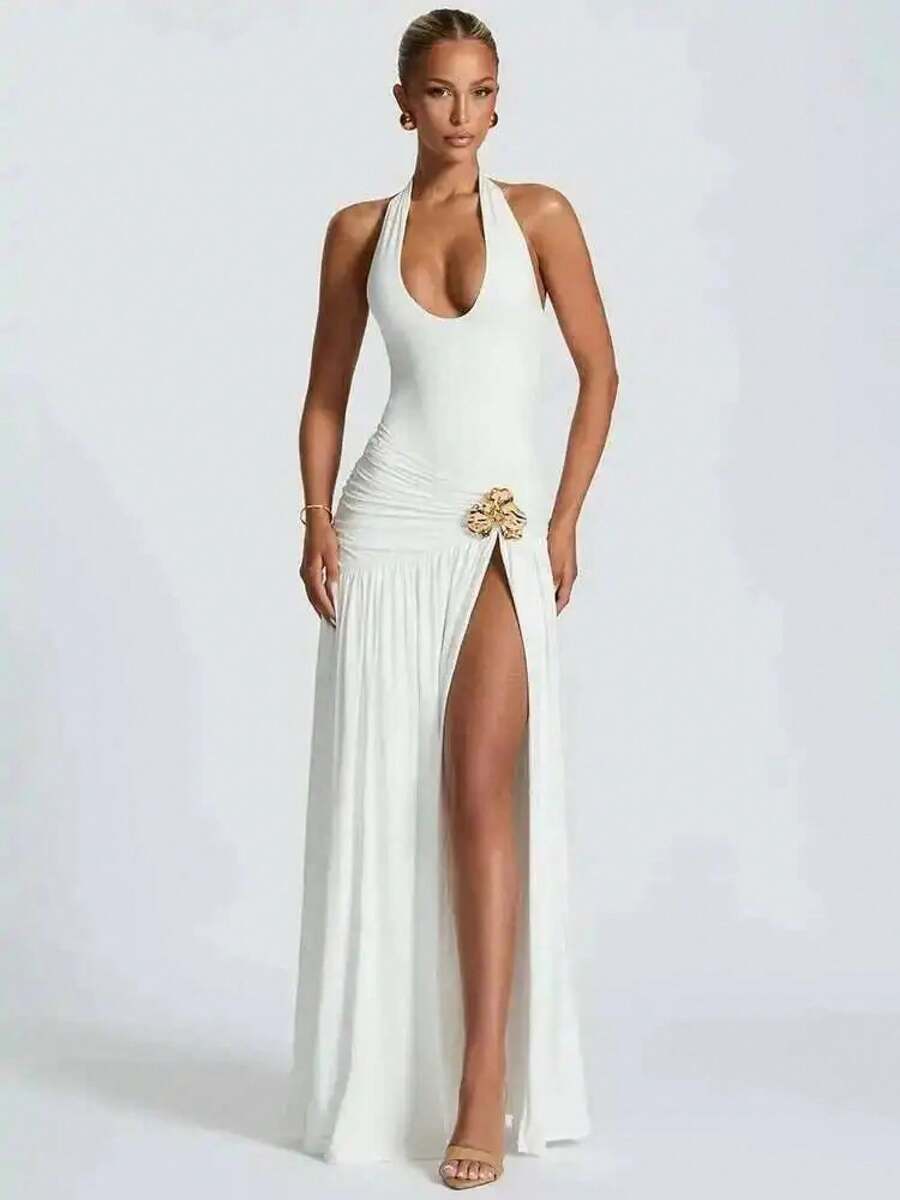 Blifanbo Elegant Sexy Split Backless Maxi Dress Set Women Halter Bodysuit And Maxi Skirt Matching Set Female Ruched Dress Sets - trắng - Xem 1