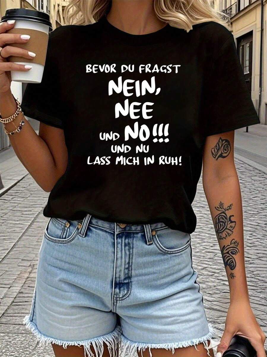 Before You Ask, No And No!!! A Stylish And Versatile Women's Crew Neck T-Shirt With A Fun Slogan Print, Perfect For Casual Wear, Parties And Outings, Combining Fashion And Elegance With A Vintage Touch - 黑色 - 查看 1