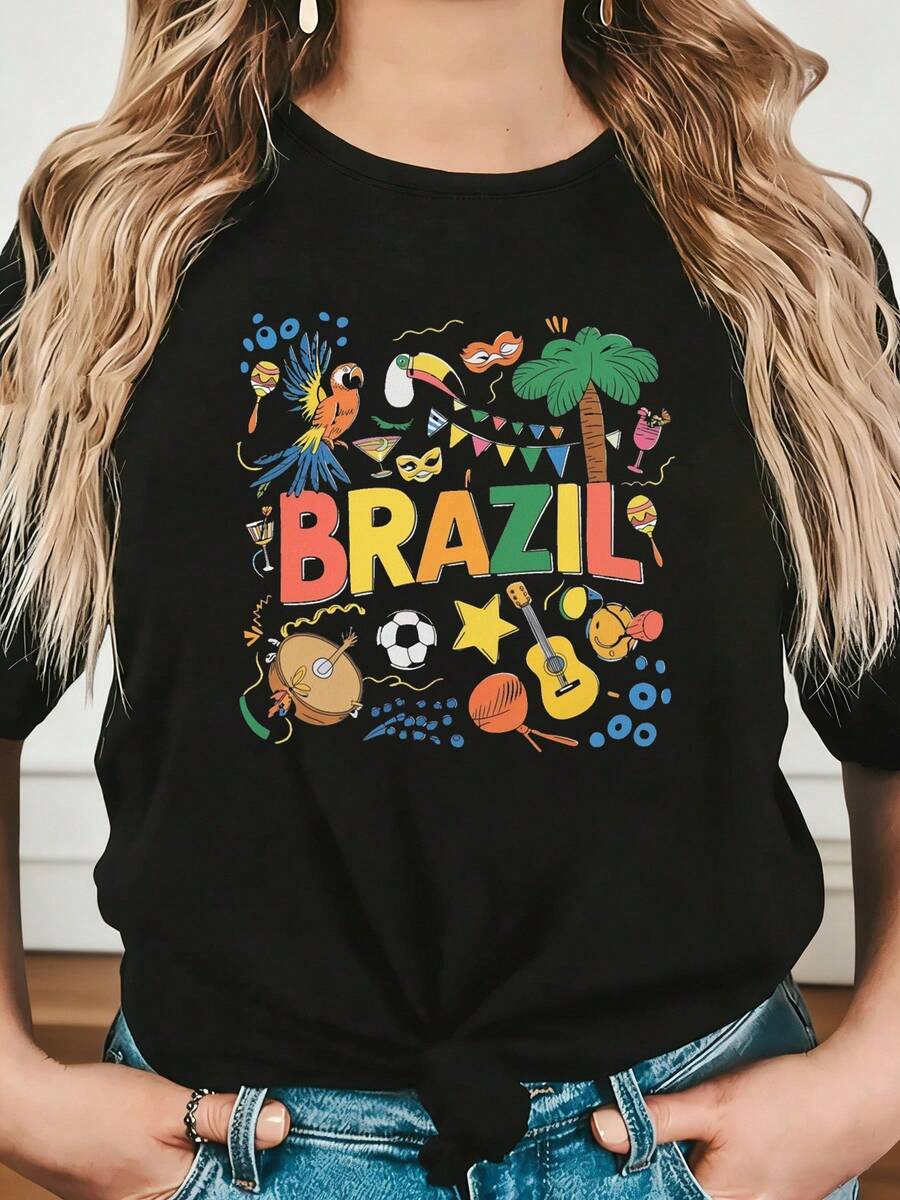 Women's Brazil Themed T-Shirt - Brazilian Short Sleeve Crew Neck Top With Iconic Football Print, Spring And Summer Casual Wear Suitable For Parties, Gifts, Everyday Outfits (Machine Washable) - 黑色 - 查看 1