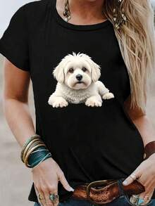 Camiseta de cuello de tripulación de manga corta con estampado maltés, perfecta para primavera y verano, diseñada para mujeres - Negro - Ver 2