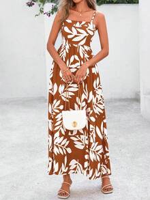 SXPRETTYGARDEN Women Summer Maxi Dresses 2026 Spaghetti Strap Boho Floral Striped Wedding Guest Beach Vacation Flowy Long Dress - Lá chuyển sang màu nâu - Xem 5