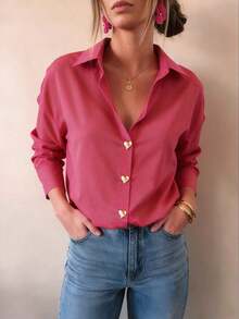 Camisa básica de mujer con hebilla de corazón de metal a rayas rosa pálido, elegante y minimalista para uso casual y de oficina, prenda exterior casual para otoño/invierno - Rosa Fucsia - Ver 5