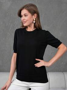 Women's Short-Sleeve Knitted Blouse With Button Closure At The Neck - Black - View 5
