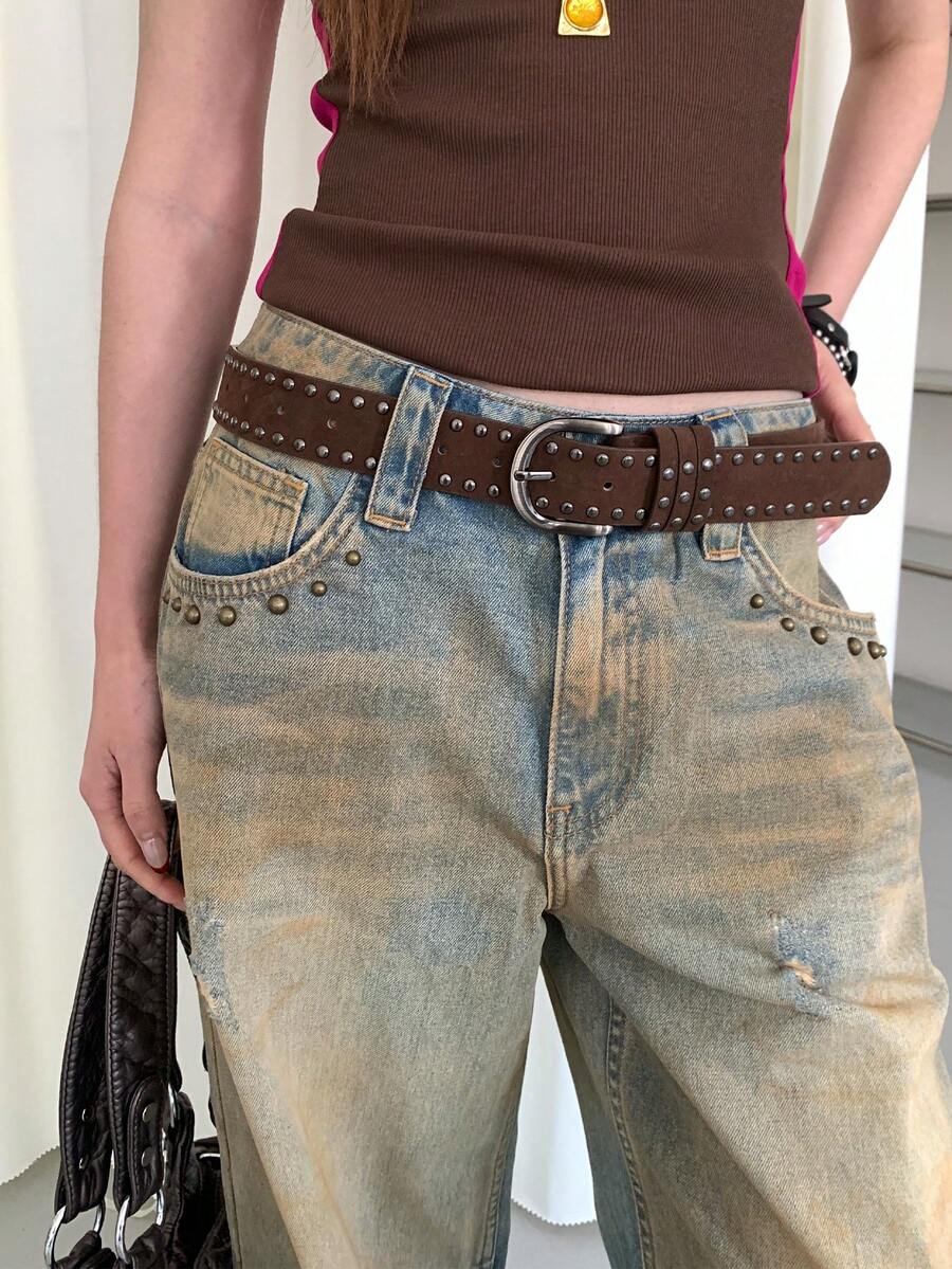 1条女士咖啡色PU皮革绒面铆钉朋克风复古高端小众休闲金属单针扣宽腰带 - 咖啡 - 查看 1