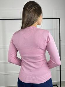 Women's Basic Long-Sleeved V-Neck Knit Sweater For Cold Weather - Baby Pink - View 2