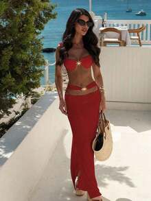 Nuevo conjunto de bikini con falda de cobertura para mujer, decoración de sol de metal, sexy, para verano y playa, color negro - Rojo - Ver 8