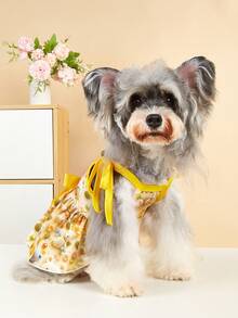 1pc Cute Suspender Bow Floral Dress For Pets In Spring, Cartoon Minimalist Casual Outfit, Soft Fabric With Adjustable Suspender Suitable For Small Dogs Like Teacup Poodle, Yorkshire Terrier, Chihuahua - Multicolor - View 1