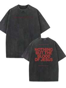 Camiseta Cristiana de Algodón Grueso para Hombre - Versículo Bíblico "Solo La Sangre de Jesús" (Lucas 3:23) - Lavanda con Letras Rojas, Algodón Lavado de Doble Cara - Camiseta Holgada de Estilo Urbano - Camisa para Iglesia y Uso Casual al Aire Libre para Todas las Temporadas - Lavable a Máquina, Regalo para Creyentes, Sudadera con Estampado Religioso, Ropa para Todas las Temporadas, Tela Encerada, Camiseta Básica para Otoño e Invierno - Unisex, Algodón Cómodo, Camiseta Holgada Lavada de Estilo Vintage y Grueso - Negro - Ver 7