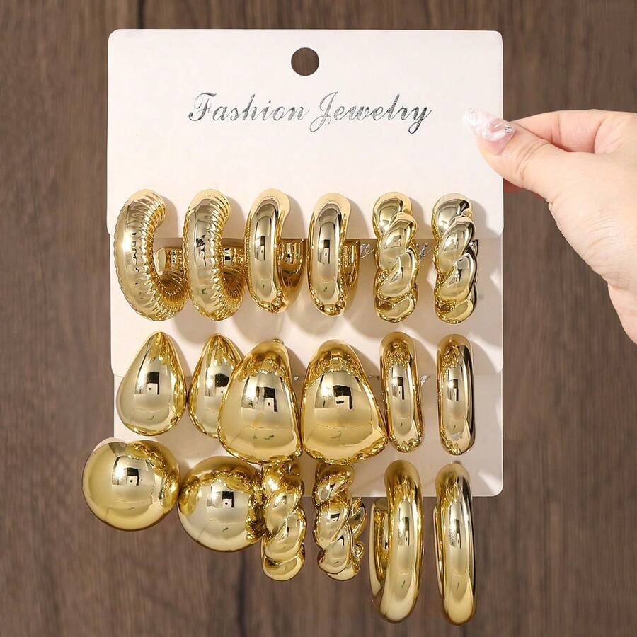 Exaggerated Gold-Tone CCB Hoop Earrings Set, Creative Circular Earrings For Women - Gold - View 1