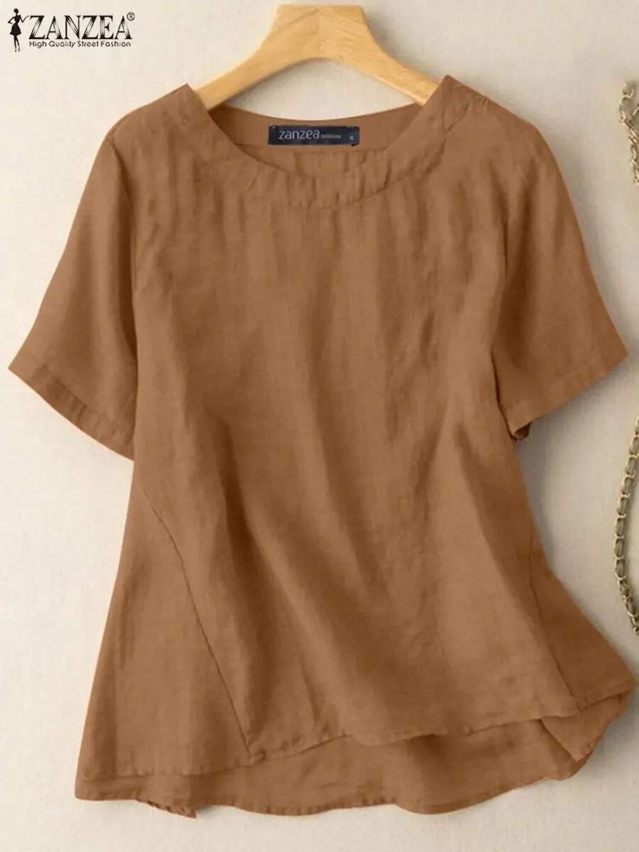 ZANZEA-Tops lisos a la moda para mujer, Blusa de algodón de manga corta con cuello redondo, camisa holgada informal para mujer, ropa para el hogar, camisas de playa 2023 - Marrón - Ver 1