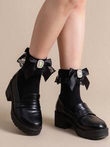 Black Bow Rhinestone Ankle Socks - Black - View 2