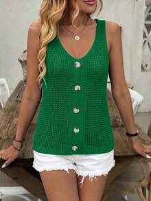 Chaleco de Punto Reversible con Botones Decorativos, Cuello en V, Sin Mangas, Verano 2026, Elegante Blusa para Mujer - Azul marino - Ver 2