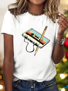 Cartoon Art Print Pattern - Stylish And Modern - Women's Crew Neck T-Shirt, Casual Short Sleeve Sport Jersey, Available In Sizes S-XXL And Multiple Colors - 白色 - 查看 1