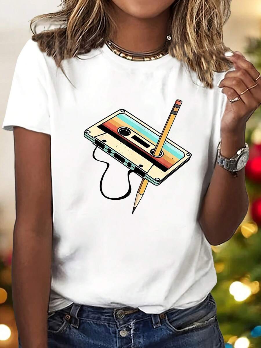 Cartoon Art Print Pattern - Stylish And Modern - Women's Crew Neck T-Shirt, Casual Short Sleeve Sport Jersey, Available In Sizes S-XXL And Multiple Colors - 白色 - 查看 1