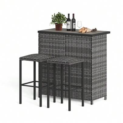 Beaully Bar Table With Bar Stool Set For 2 People, 3 Pieces Rattan Dining Table With 2 Stools And Shelves, Bar Stools With Metal Frames, Dining Set, Breakfast Table Furniture Sets, Grey