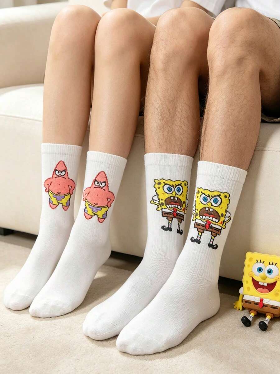 SpongeBob SquarePants 2 đôi tất dài đến bắp chân, in hình hoạt hình, kiểu dáng thường ngày, mỏng nhẹ, thoáng khí, phù hợp cho mùa xuân/hè. - Nhiều màu - Xem 1