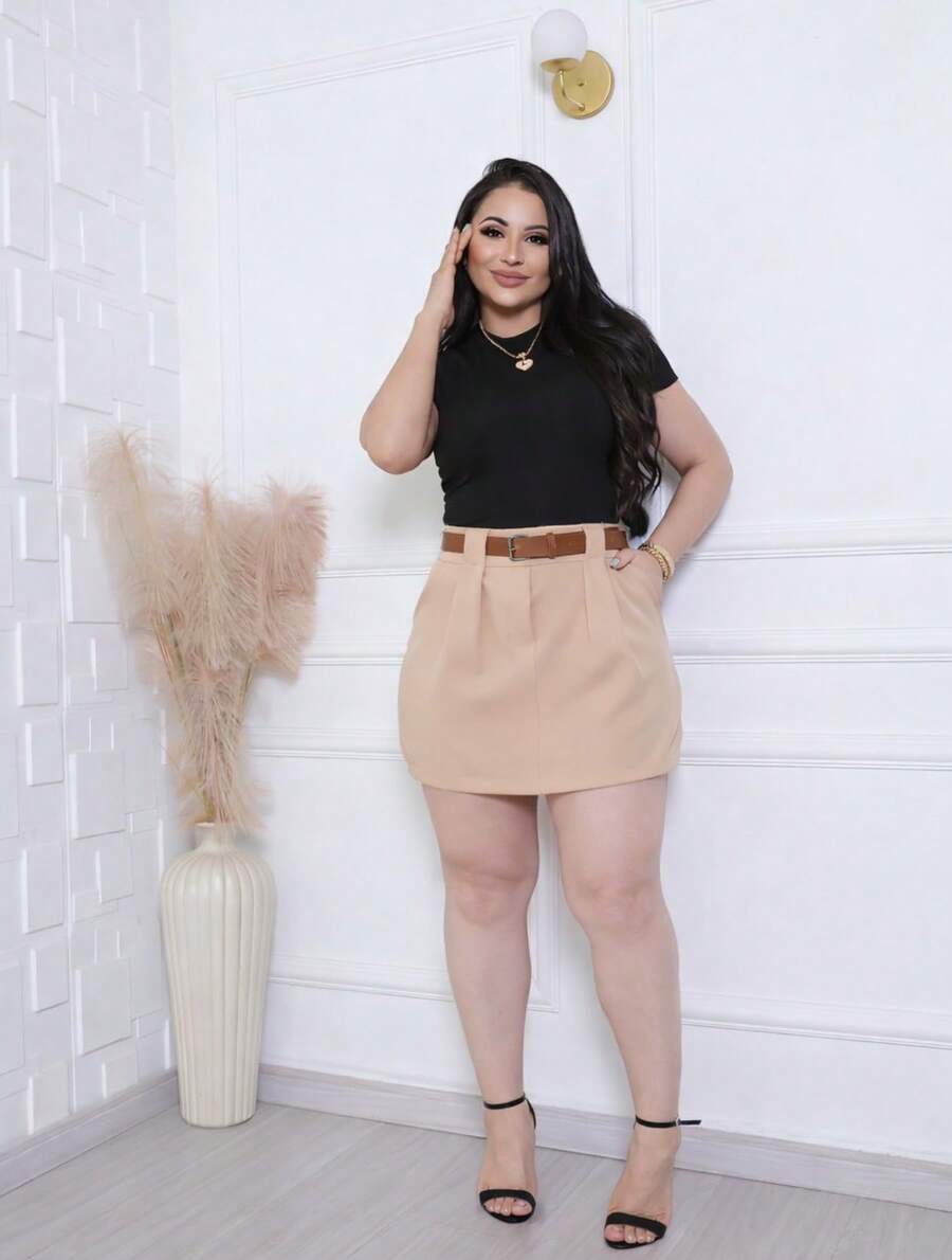 Elegant Women's Plus Size Tailored Short Skirt With Leather Belt, High Waist And Pockets - Màu be - Xem 1