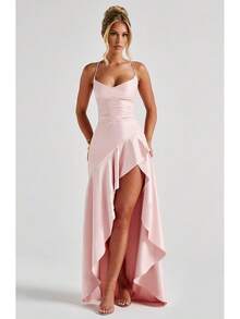 Satin Maxi Dress, Sexy Spaghetti Strap Open Back Ruffle Irregular Hem, Evening Party Prom Gown - Đỏ - Xem 7