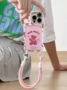 1 pieza Funda de teléfono con oso de peluche de lazo de dibujos animados, adecuada para iPhone 17 Pro Max, Apple 13, 14, con soporte para tarjetas, cordón, 11 para mujeres - Rosa - Ver 2
