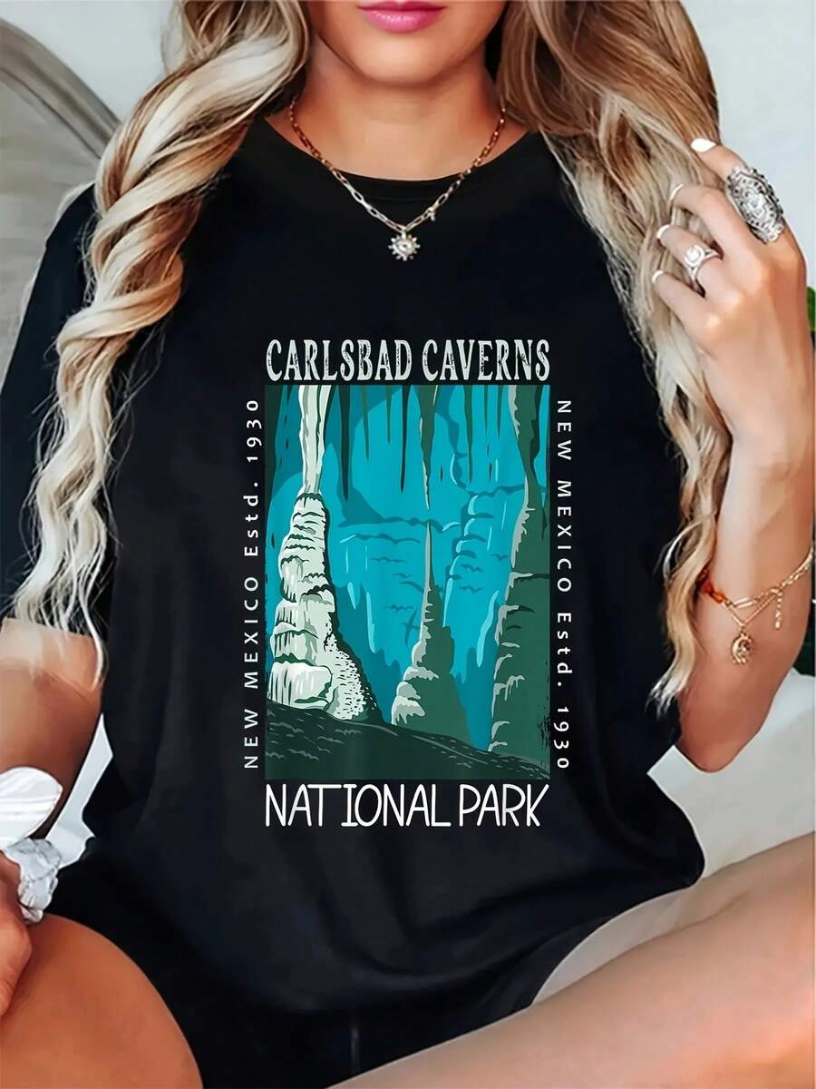 Wo Vintage Carlsbad Caverns National Park T-Shirt | 95%, 5% Spandex Fabric | Short Sleeve, Crew Neck | Machine Washable, All-Season Casual T-Shirt With Iconic Cave Design, Summer Top | High-Stretch Fabric - 黑色 - 查看 1