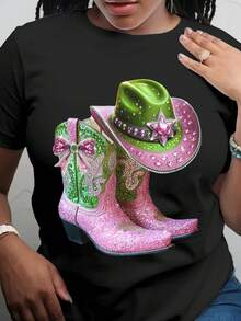 Short-Sleeve T-Shirt, Cowboy Boots, Pink Cowboy Boot Print, All-Season Base T-Shirt, Fitted And Breathable, 100% High-Quality Pure Comfortable Fabric, Outdoor Crew Neck T-Shirt, Crew Neck T-Shirt - 黑色 - 查看 1