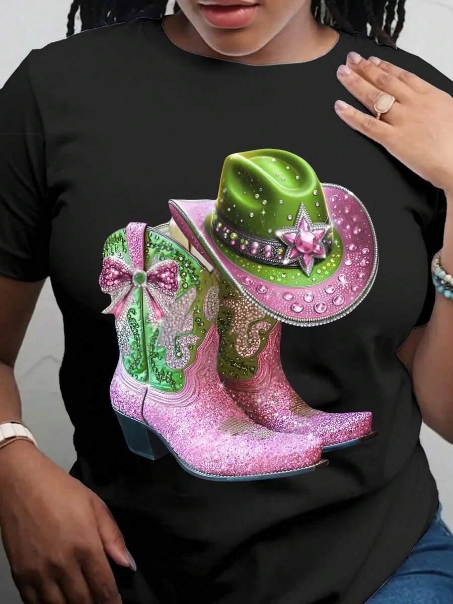 Short-Sleeve T-Shirt, Cowboy Boots, Pink Cowboy Boot Print, All-Season Base T-Shirt, Fitted And Breathable, 100% High-Quality Pure Comfortable Fabric, Outdoor Crew Neck T-Shirt, Crew Neck T-Shirt - 黑色 - 查看 1
