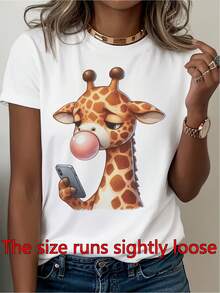 Women's Funny Sarcastic Giraffe T-Shirt | White Crew Neck T-Shirt With Smartphone Giraffe Graphic, Lightweight Casual Daily Top For Women, Birthday Or Office Gift Idea (Machine Washable) - Spring - 白色 - 查看 1