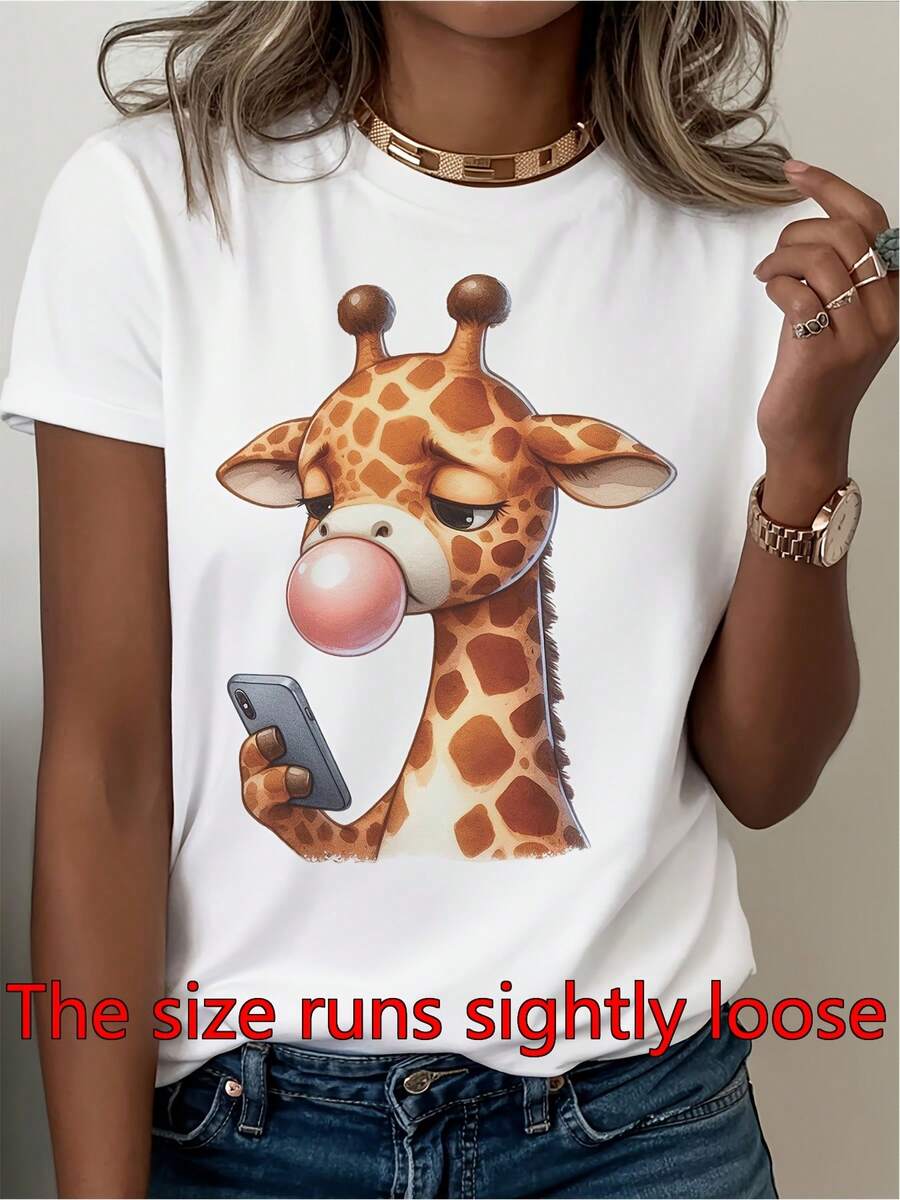 Women's Funny Sarcastic Giraffe T-Shirt | White Crew Neck T-Shirt With Smartphone Giraffe Graphic, Lightweight Casual Daily Top For Women, Birthday Or Office Gift Idea (Machine Washable) - Spring - 白色 - 查看 1