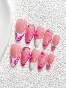 10Pcs Sweet Style Handmade Nail Art Set,Unghie Press On,Transparent Flat Bottom Rhinestones,Flowers And Water Ripples,Pink And White Nail Polish,Includes Nail Tools,3 Sizes Available,Almond Nails , Duck Nails,Coffin Nails For Party, Dance, Daily Wear - 彩色 - 查看 17