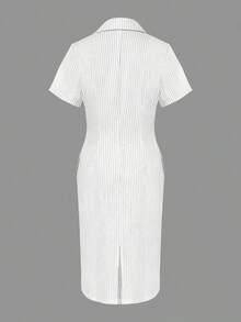 Vestido midi a rayas para mujer, estilo blazer con solapa, manga corta, ajustado, ideal para trabajo y casual - Blanco y Negro - Ver 4