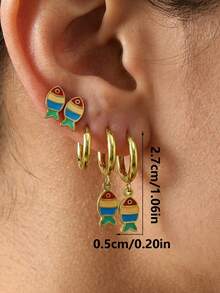 6pcs Fashionable Cute Fish Pendant Earrings Set, Stainless Steel Multi-Color Earrings Suitable For Women's Daily, Party, Holiday, Gift - Multicolor - View 2