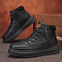 Men's Fashion Chunky Sole High-Top Sneaker Boots, Lace-Up Side Zip Leather-Like Boots For Daily Wear & Outdoor Activities, Comfortable Non-Slip Casual Shoes For Men - 黑色 - 查看 5