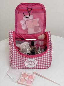 Bolsa de cosméticos grande de capacidad con bordado a cuadros rosas y blancos, organizador de artículos de tocador para viajes - Multicolor - Ver 8