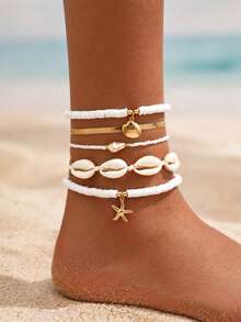 5Pcs European And American Bohemian Style, Beach Style Starfish Shell Soft Pottery Anklets For Women Beach Jewelry Gifts - Multicolor - View 1