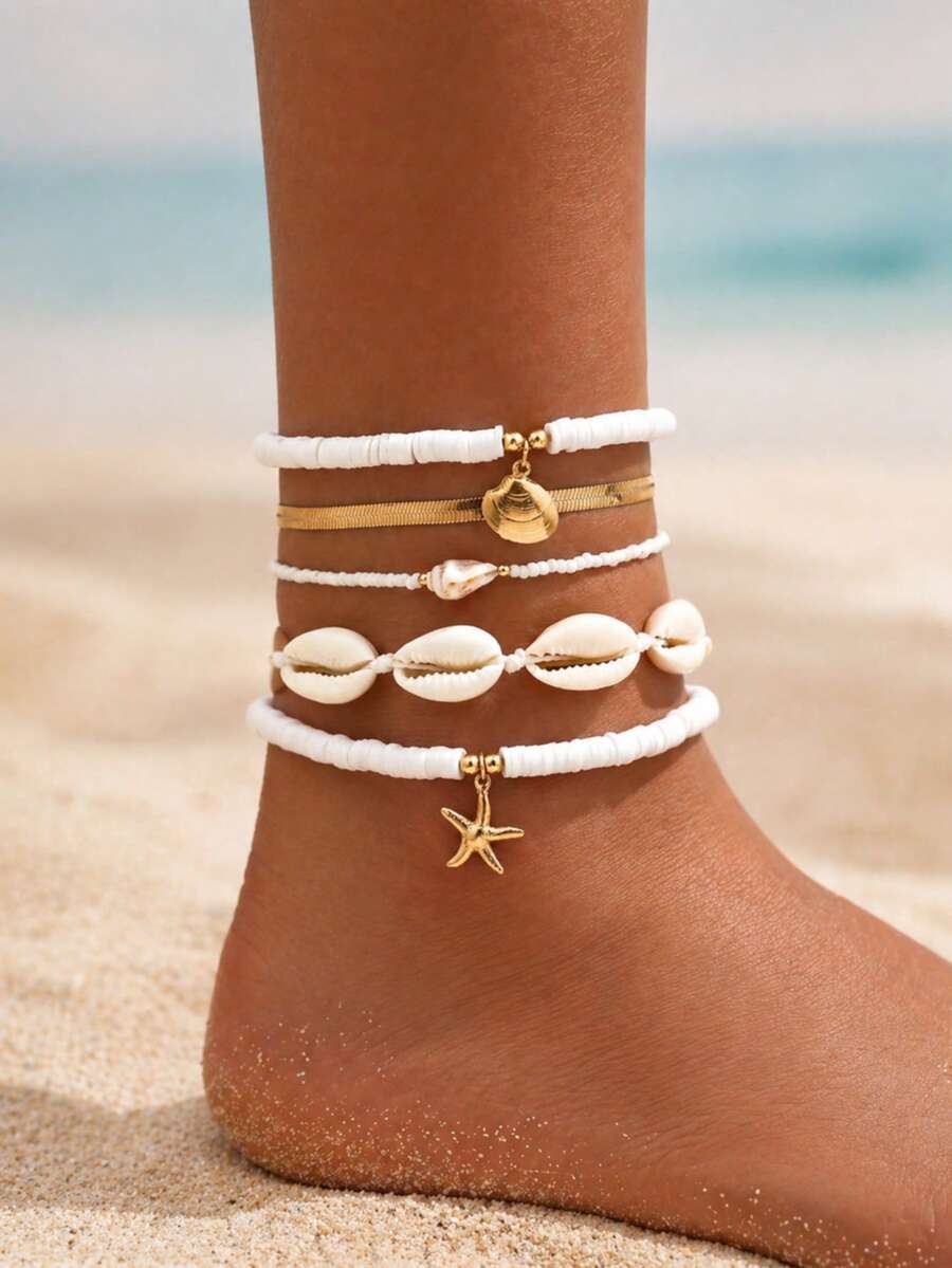 5Pcs European And American Bohemian Style, Beach Style Starfish Shell Soft Pottery Anklets For Women Beach Jewelry Gifts - Multicolor - View 1