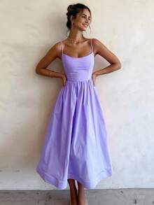 2026 Spring New Women's Clothing, Cross-Border European And American Dress, Sexy Waist-Cinching Pleated Solid Color Large Hem Strap Dress - 紫色 - 查看 10